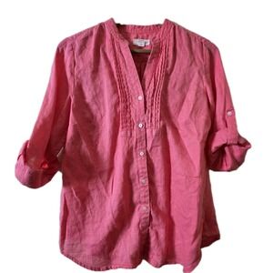 Charter Club Luxury Linen Pink Top Embroidered Beaded Button Up Womens Small